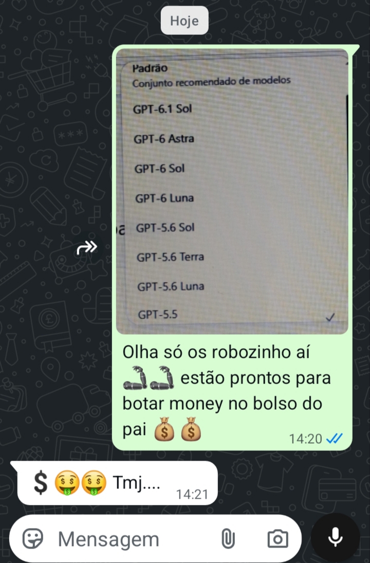 Print de conversa de aluno mostrando os modelos disponíveis na conta